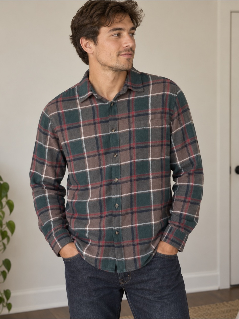 Eddie Bauer Men’s Green Plaid Cotton Flannel Shirt Size Small